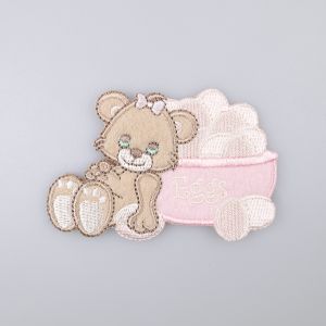 Iron-on motif / Teddy with eggs basket, pink