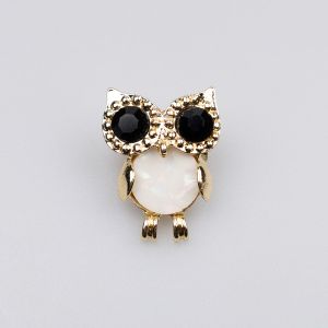 Brooch / Big-blackeyes owl / golden& white stone