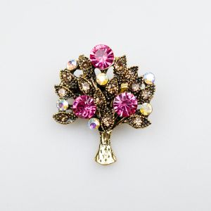 Brooch / Small tree with rhinestones / pink