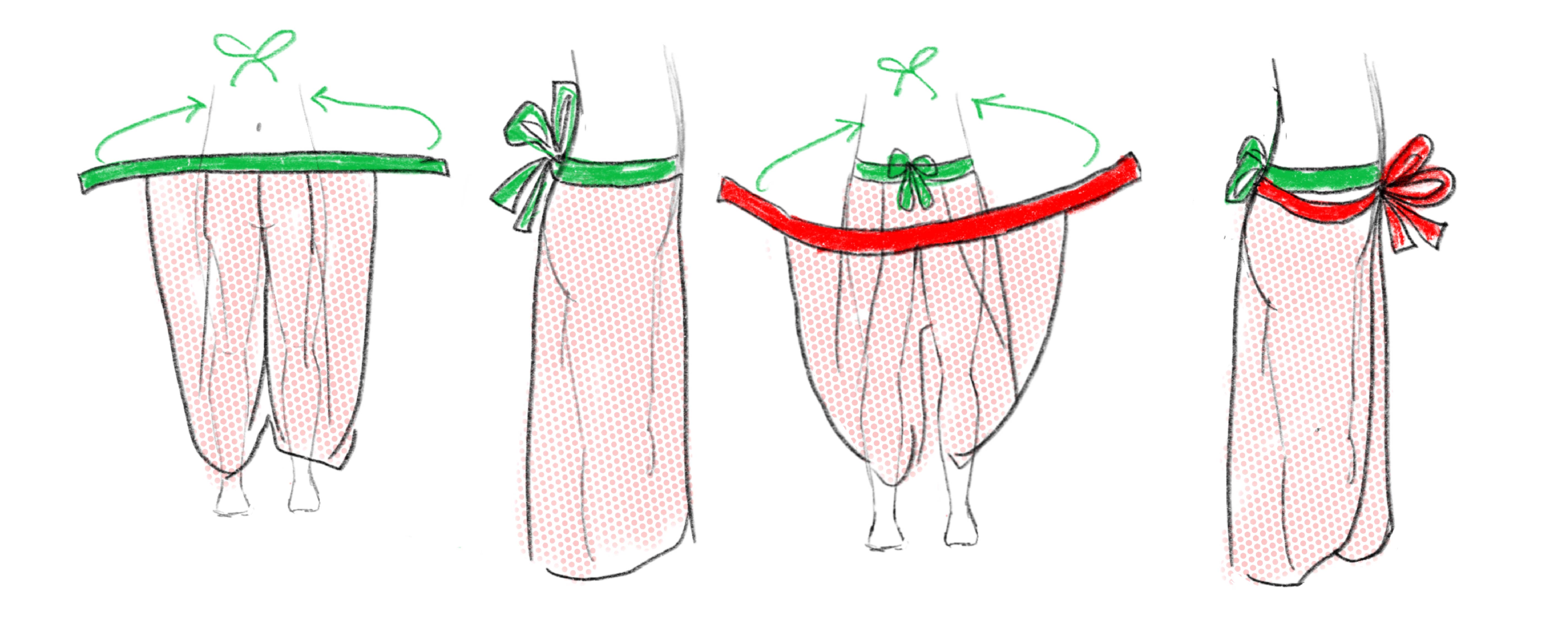 Finished tie pants worn and styled with front and back ties.