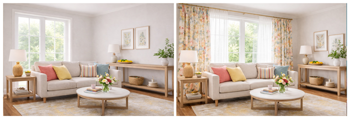 Curtains at the window: a sheer curtain and side curtains layered together