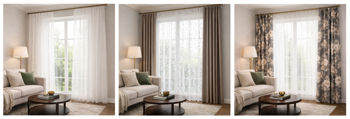 Examples of curtain fabrics: a sheer day curtain (voile) and decorative fabric (linen/velvet)