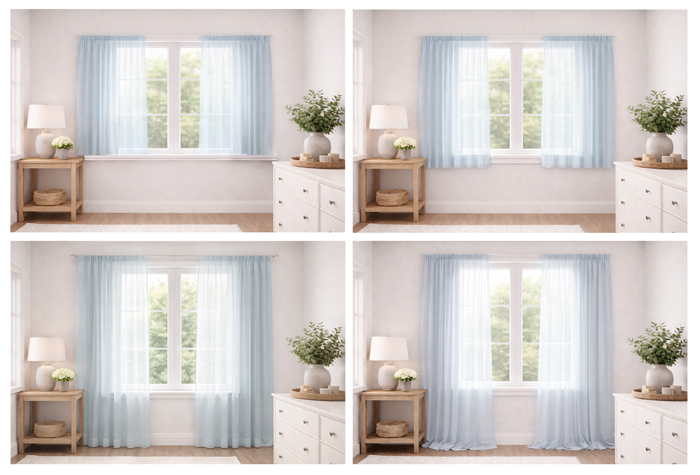 Aizkara garumu salīdzinājums: līdz palodzei, zem palodzes, līdz grīdai un krītošs uz grīdas